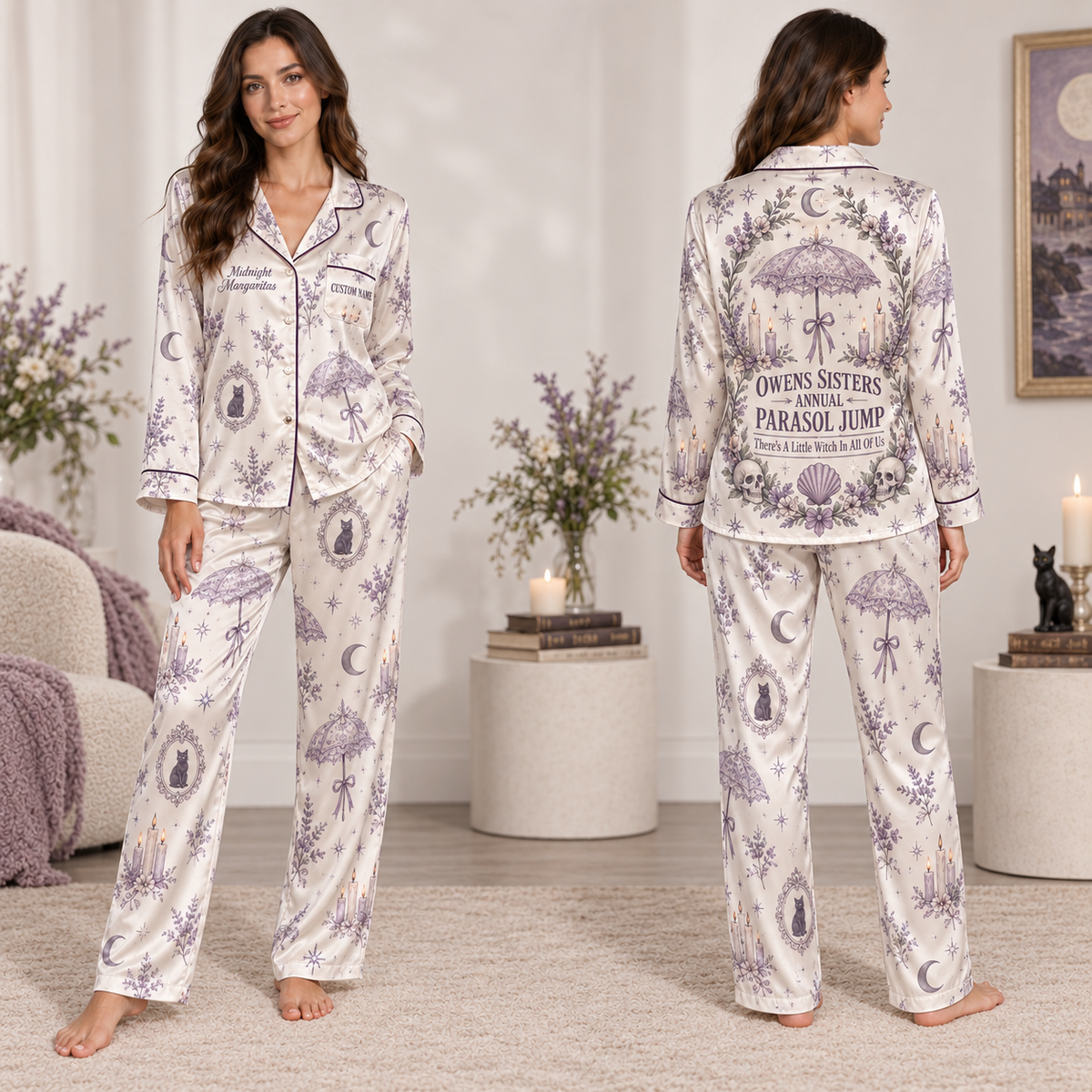 satin pajama set with purple witches and parasols all-over print, front view