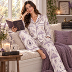 model holding moon mug in purple witch-themed satin pajama set