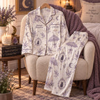 parasol satin pajamas hanging over an armchair with a custom name on the chest