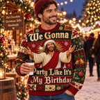 man with a coffee cup wearing a funny all over print ugly