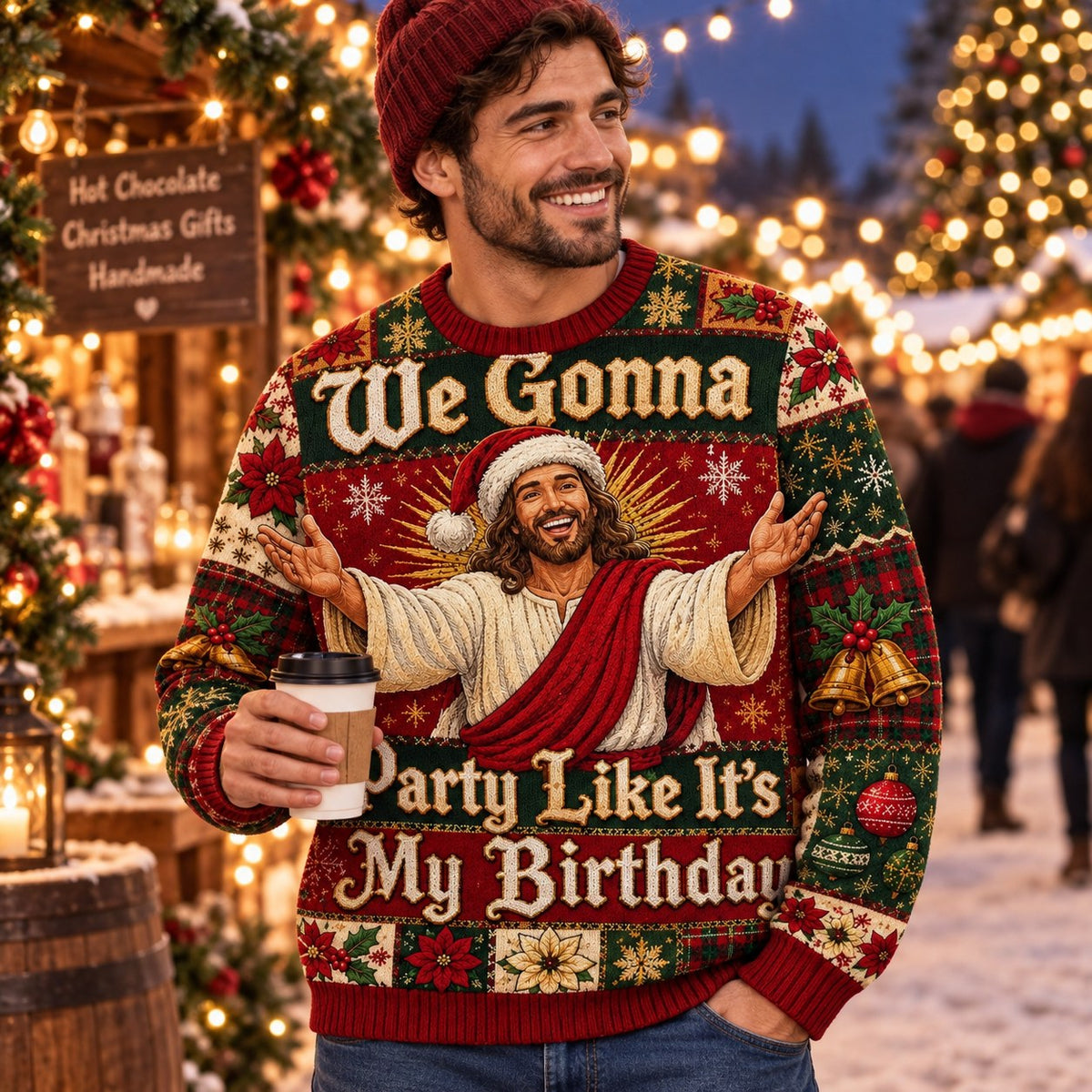 man with a coffee cup wearing a funny all over print ugly