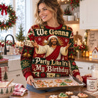 woman baking cookies in a holiday birthday quote christmas sweater with snowflakes