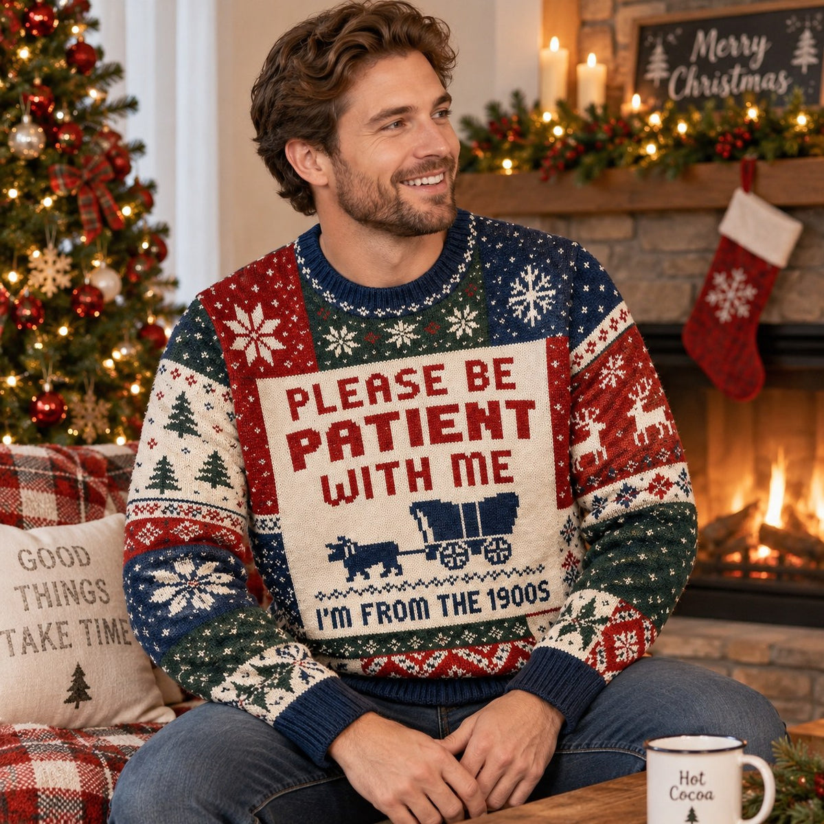 man wearing a please be patient 1900s ugly christmas sweater by a