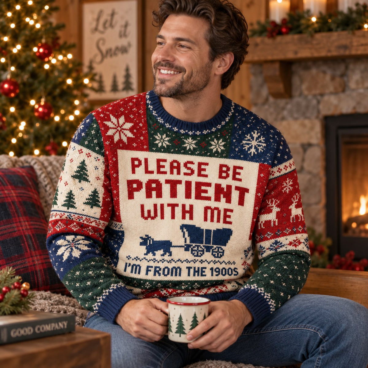 man smiling in a covered wagon ugly christmas sweater holding a holiday