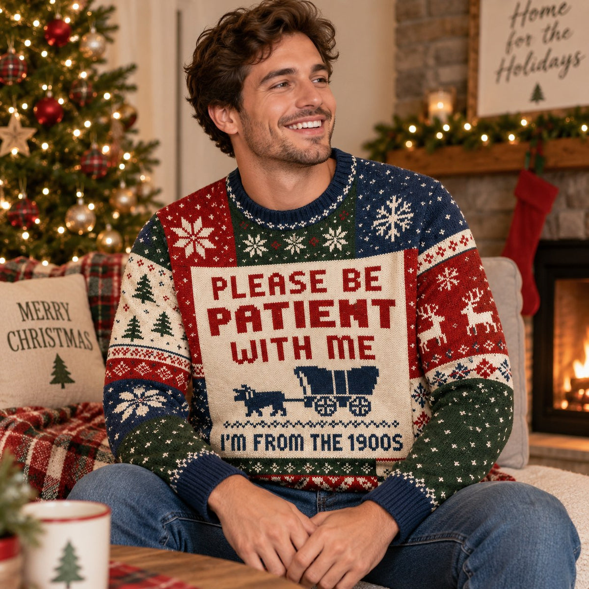 man in a pioneer covered wagon ugly christmas sweater in a cozy