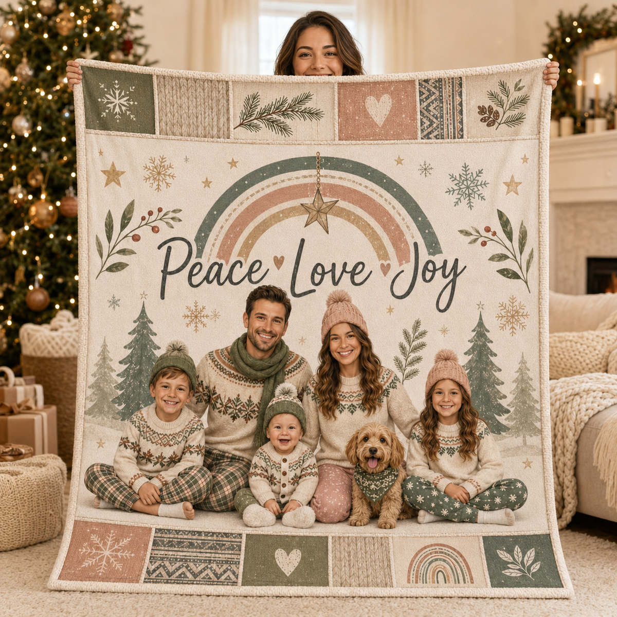 a christmas photo blanket held up showing the peace love joy rainbow