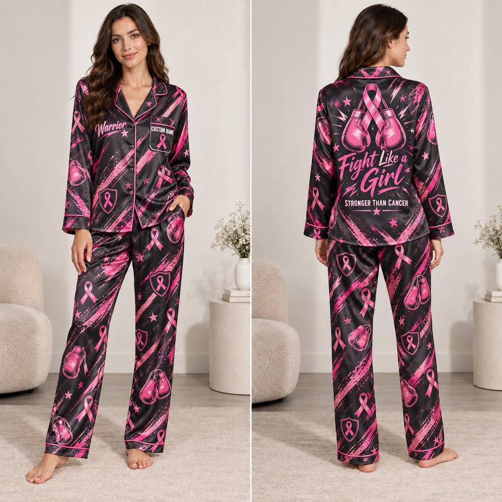 personalized breast cancer awareness satin pajama set on standing model