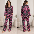 personalized breast cancer awareness satin pajama set on standing model