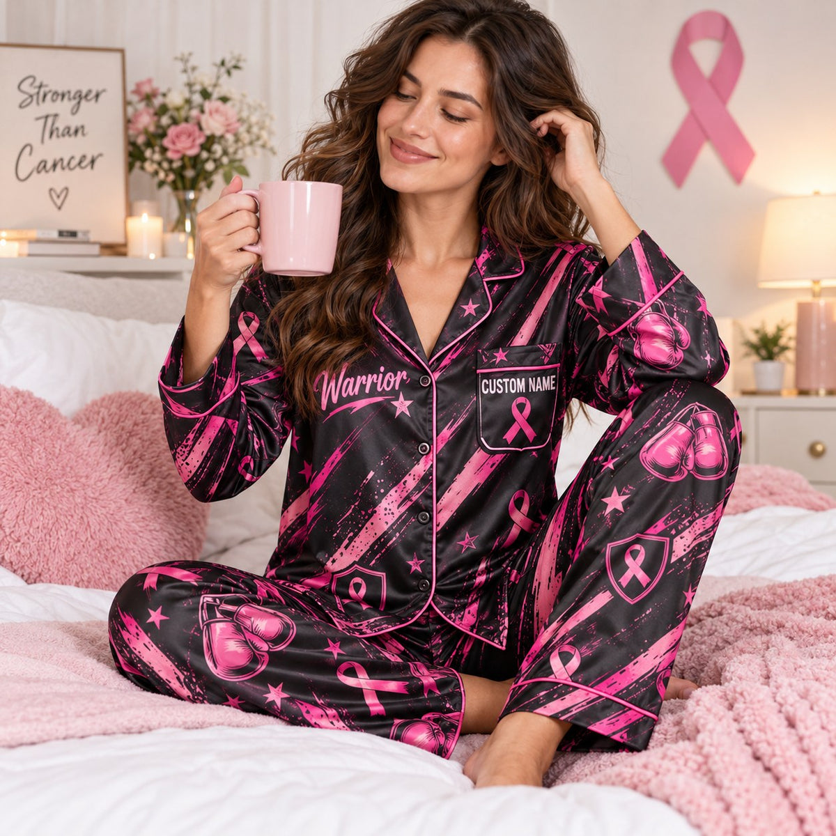 back view of pink ribbon pajamas with design