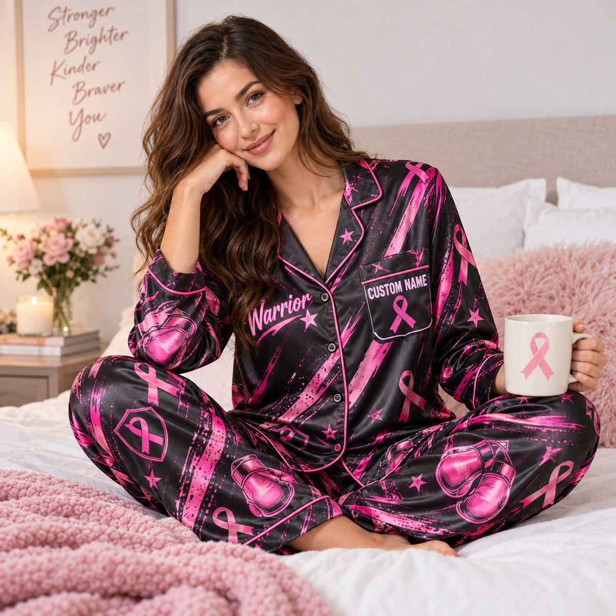 close up of warrior breast cancer pajamas on model sitting