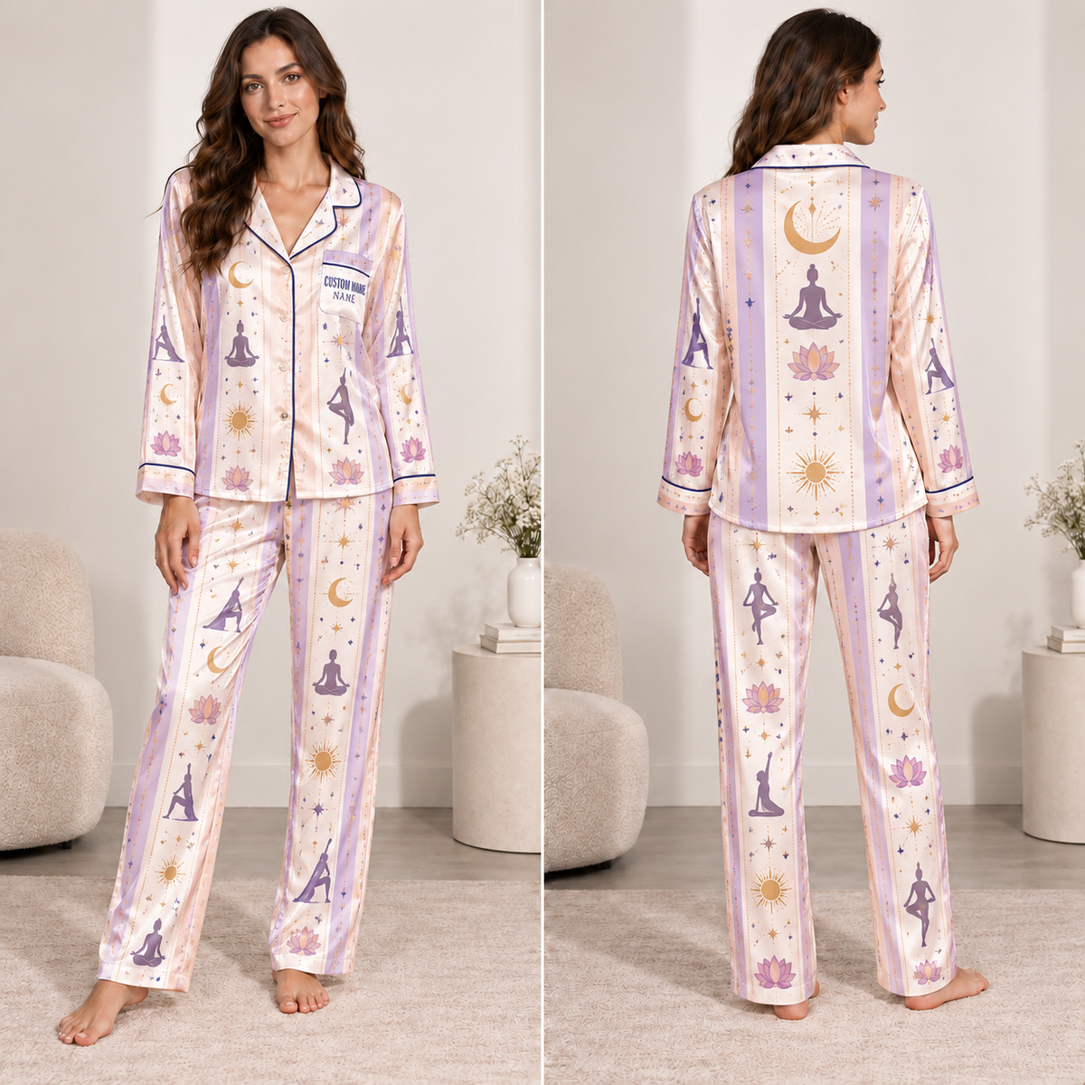 personalized satin pajama set with yoga and lotus print in pastel stripes