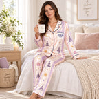 back view of matching striped pajama set with meditation figures and moons