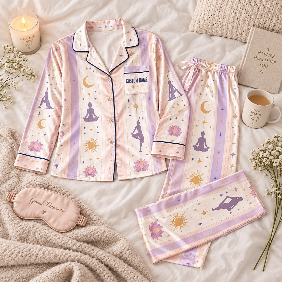 pastel yoga pose satin pajamas flat lay with a custom name on the chest