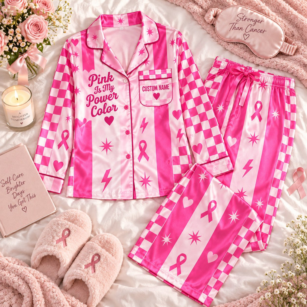 pink checker stripe satin pajamas flat lay with a custom name on the chest