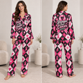 model wearing pink ribbon breast cancer awareness satin pajama set