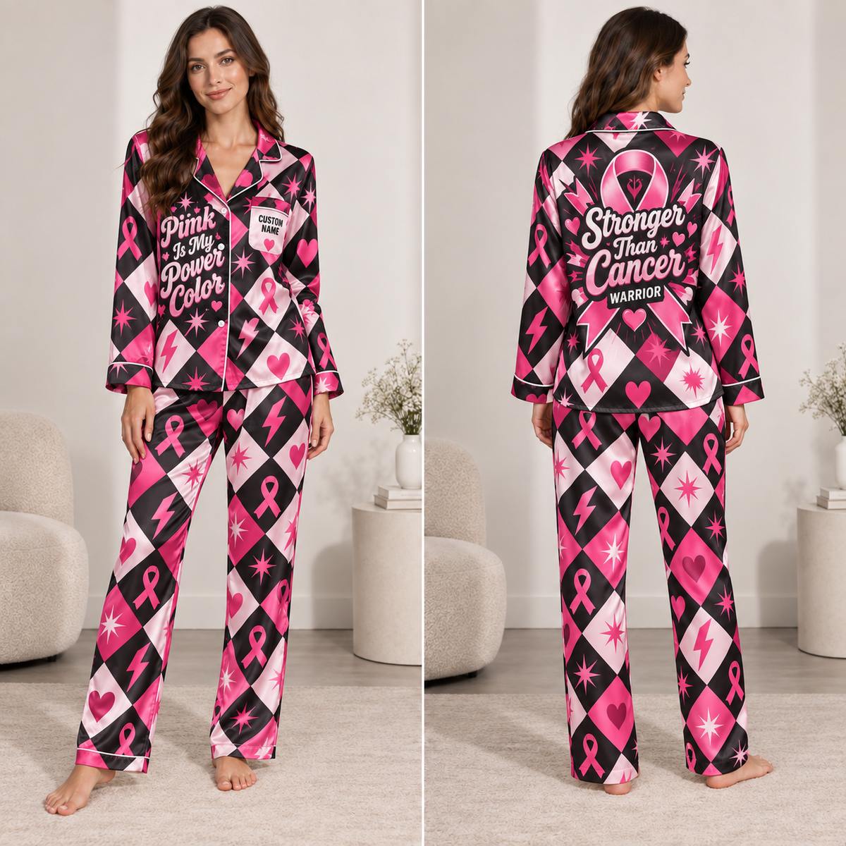 model wearing pink ribbon breast cancer awareness satin pajama set