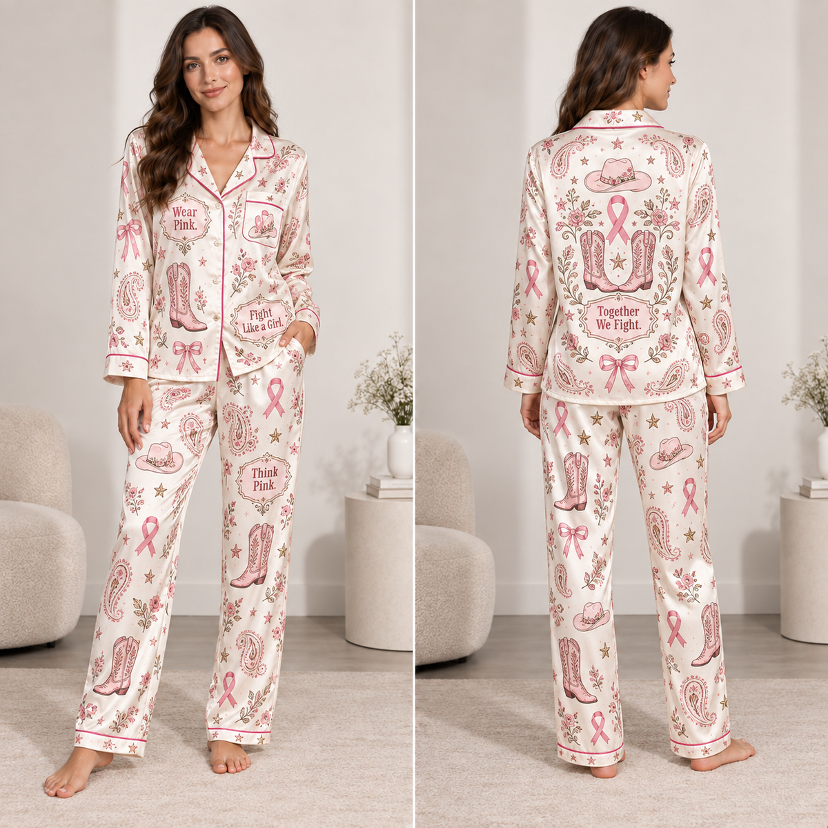 woman modeling pink ribbon satin pyjamas front view