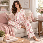 woman holding mug in pink ribbon lounge pyjamas