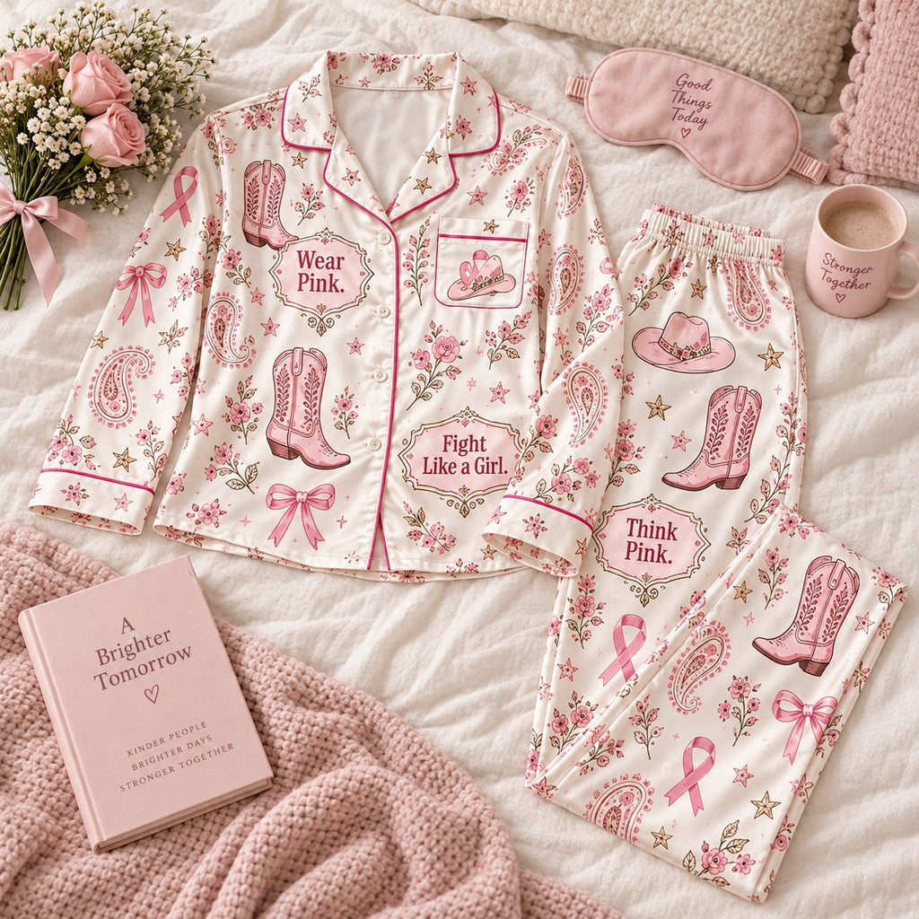 Pink Ribbon Wear Pink Together We Fight Satin Pyjamas, Lounge Pyjamas Button Up Pyjamas Gifts For Her