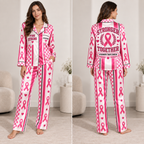 satin pajama set with pink strong breast cancer awareness all over print