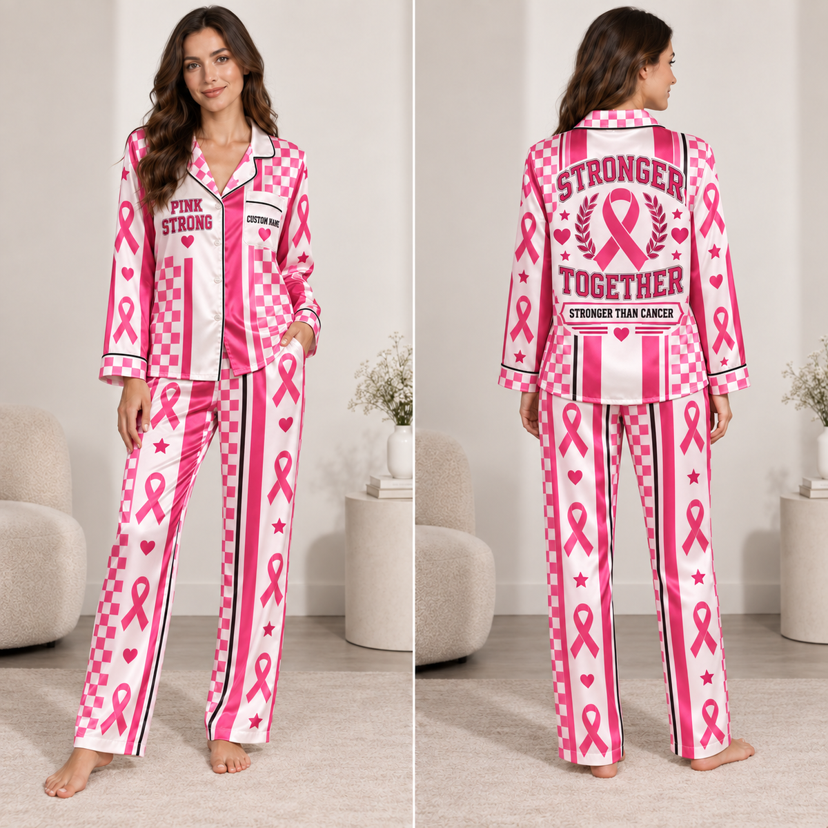 satin pajama set with pink strong breast cancer awareness all over print