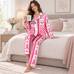 back of pink breast cancer awareness pajama shirt with stronger together stronger