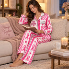 Custom name pink breast cancer survivor pajama set styled in bedroom vanity