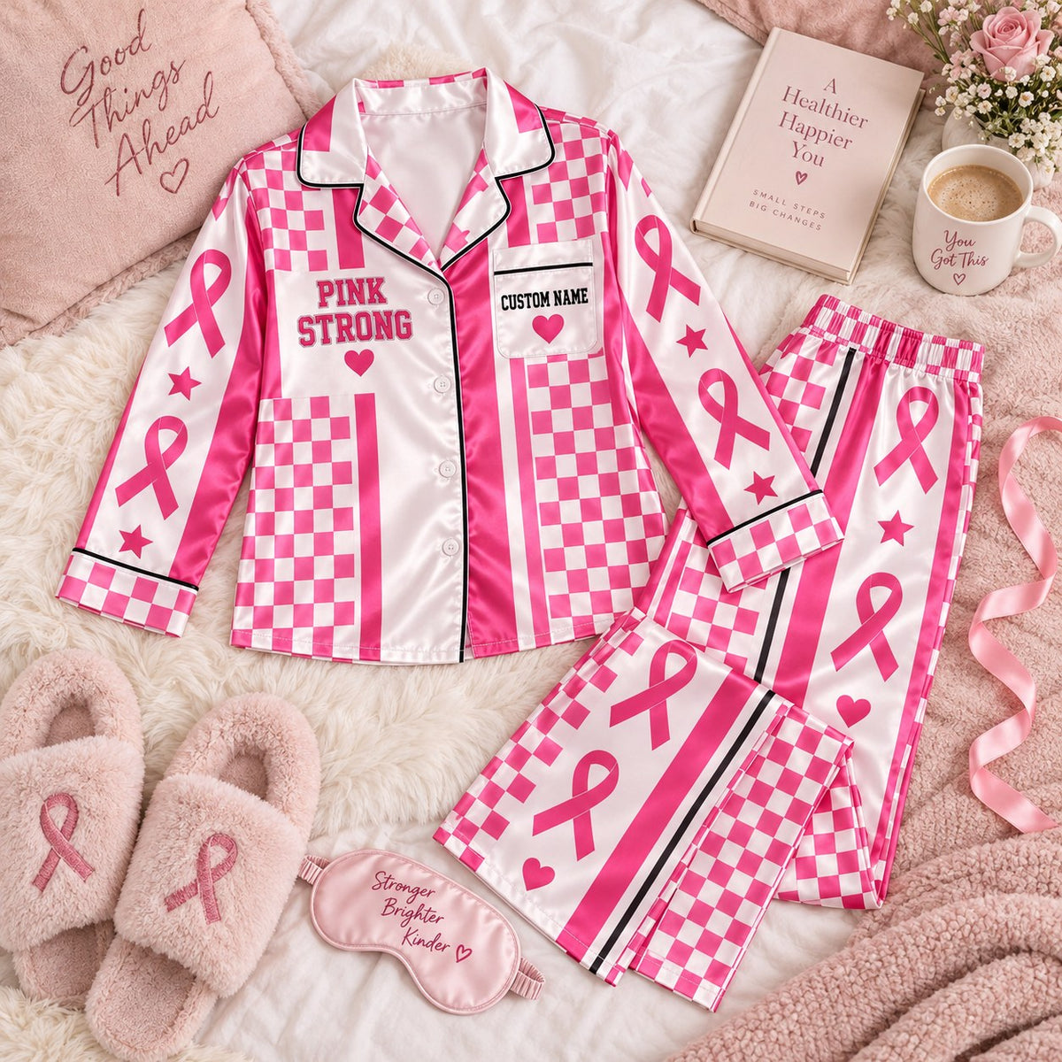pink checkered ribbon satin pajamas flat lay with a custom name on the chest