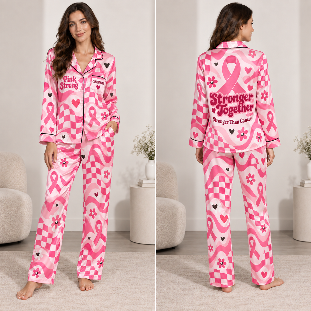 front view of a pink breast cancer awareness satin pajama set