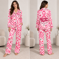 front view of a pink breast cancer awareness satin pajama set