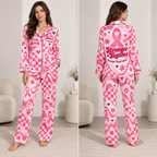 front view of a pink breast cancer awareness satin pajama set