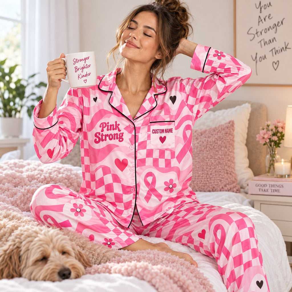 back view of a Pink Strong personalized satin pajama set with Stronger