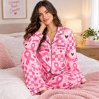 lifestyle photo of a woman wearing a personalized breast cancer awareness pajama
