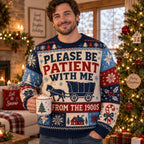 man wearing an ugly christmas sweater with a covered wagon and horse