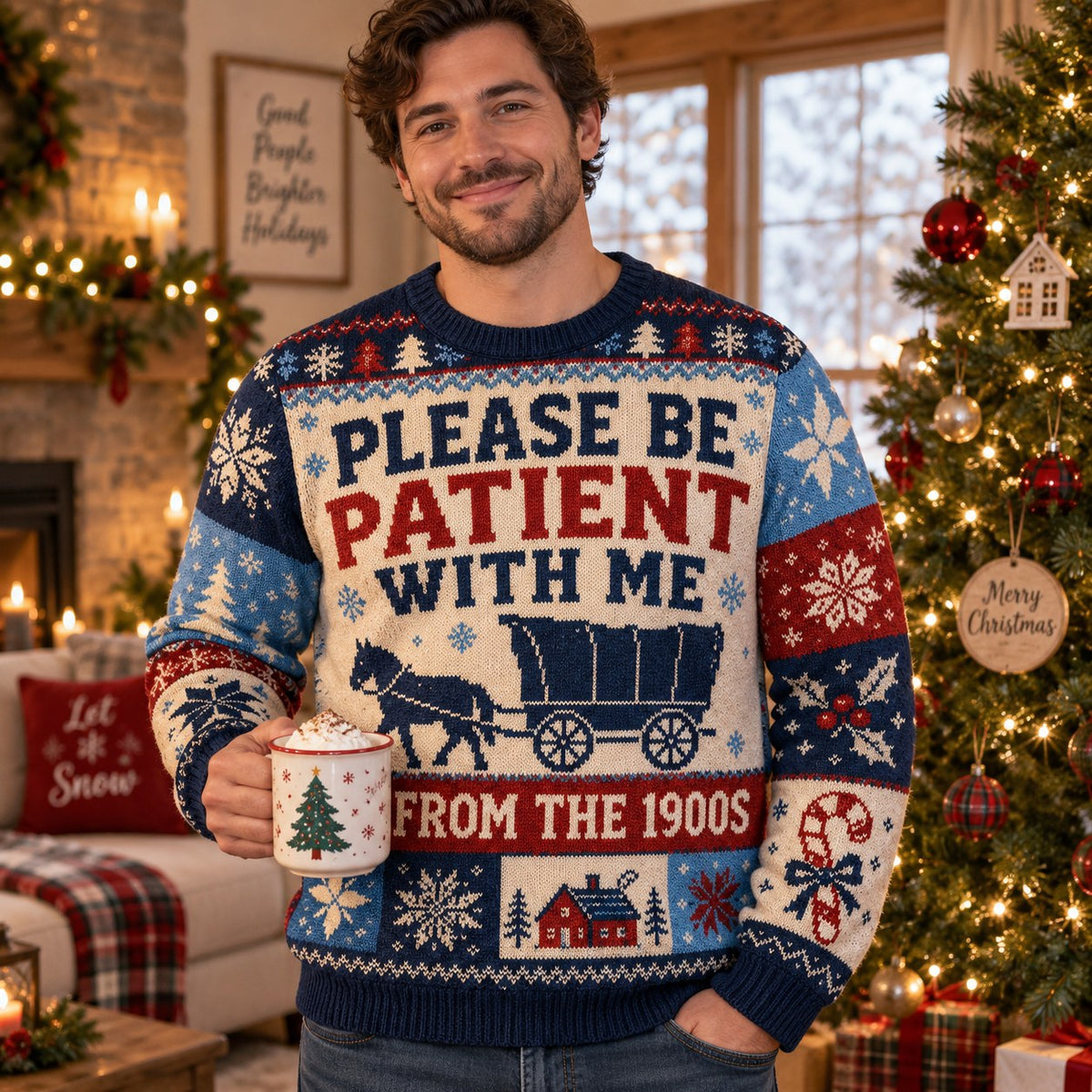 man wearing an ugly christmas sweater with a covered wagon and horse