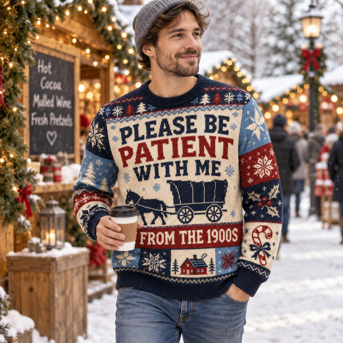 man outdoors in a snow covered market wearing a printed christmas sweater
