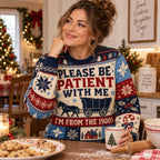 woman smiling in a cozy kitchen wearing a horse and covered wagon