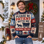 man standing on a porch wearing a printed holiday sweater with snowflakes
