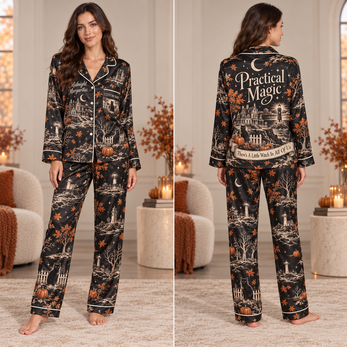 front view of black satin Halloween pajama set with all-over haunted house