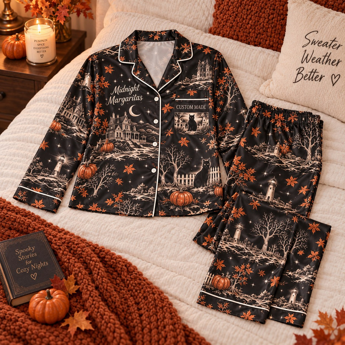 black haunted house satin pajamas flat lay with a custom name on the chest