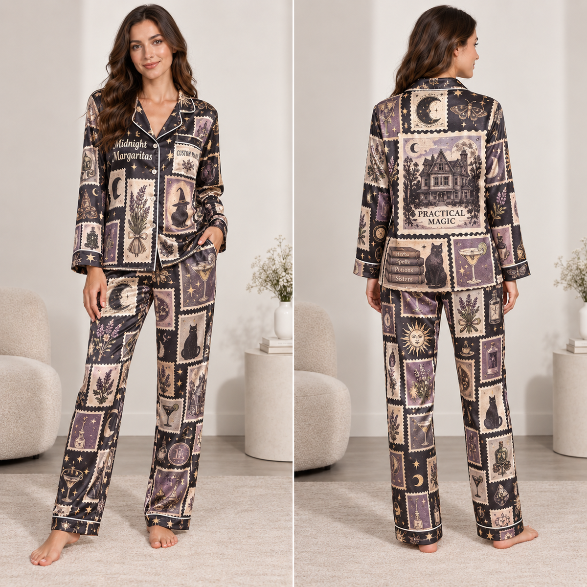 Custom name midnight margaritas satin pajama set on model