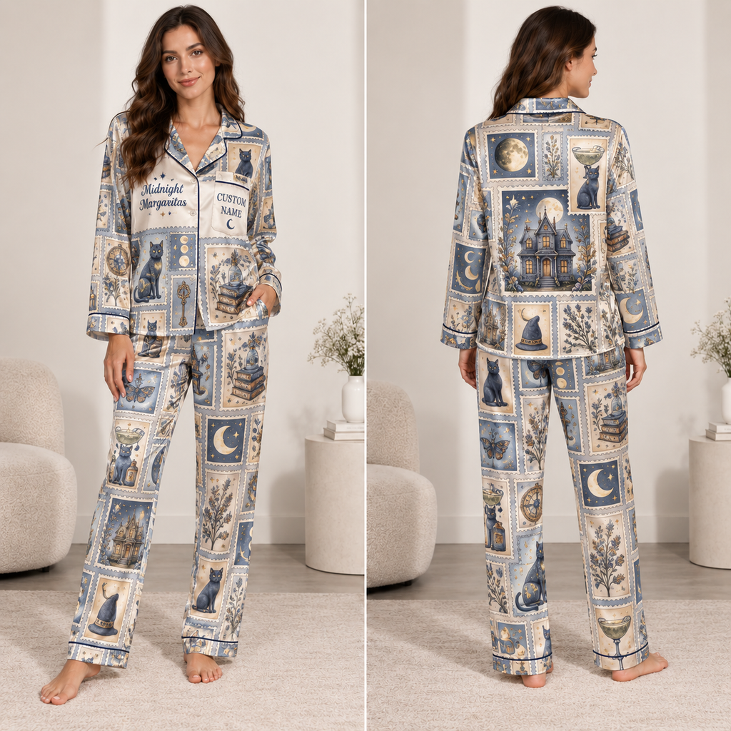 model wearing a satin pajama set printed with black cats, witch hats