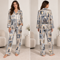 model wearing a satin pajama set printed with black cats, witch hats