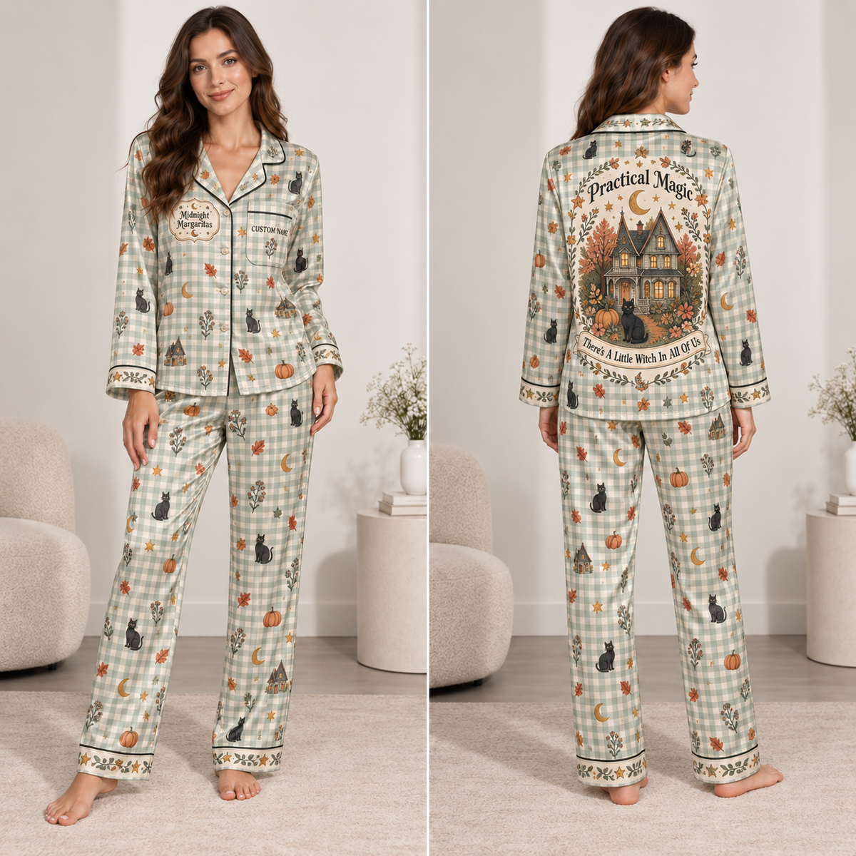 woman modelling sage gingham plaid satin pajama set