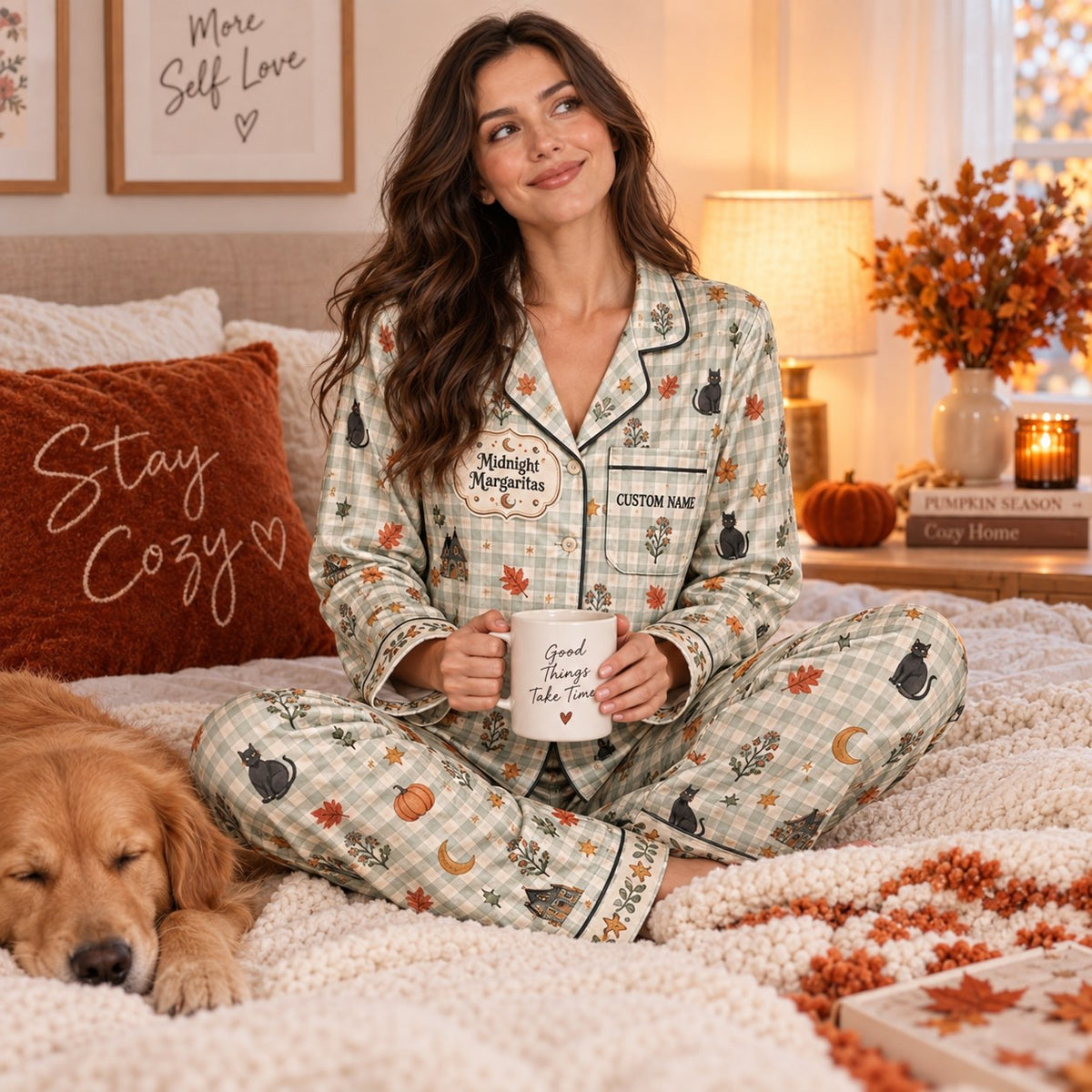 woman in pajamas holding a good witches only mug