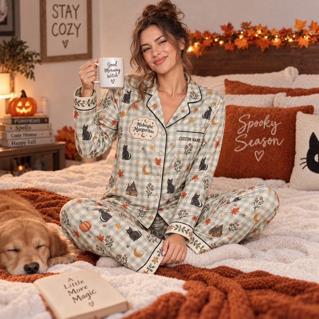 winking model in gingham cat satin pajamas with a custom name on the chest