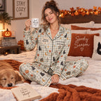 winking model in gingham cat satin pajamas with a custom name on the chest