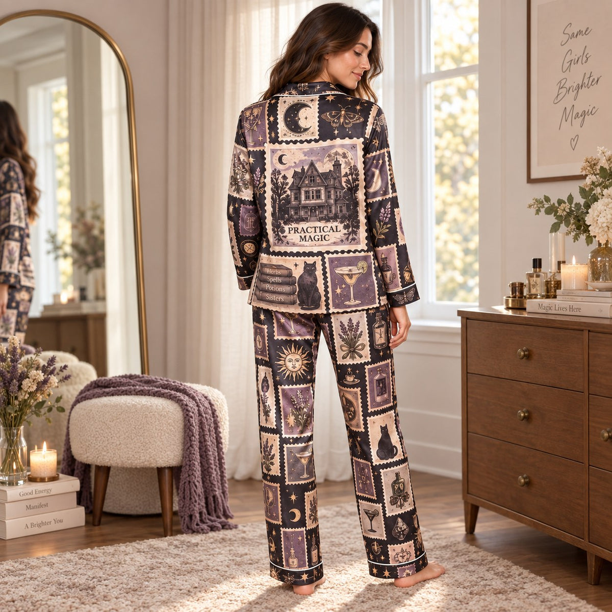 lifestyle shot of custom midnight margaritas pajama set on sofa