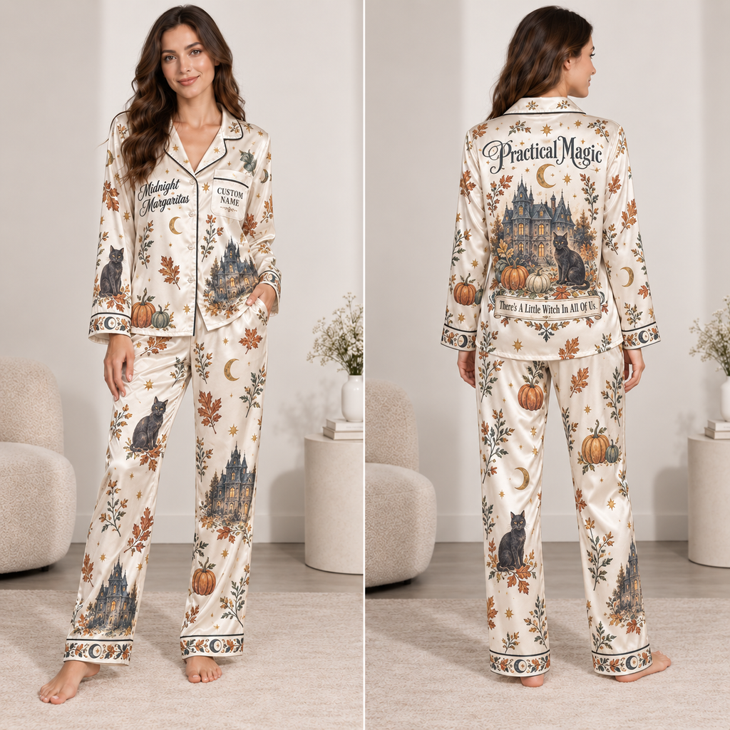 satin pajama set modeled front view with haunted house and cat print
