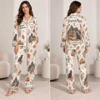 satin pajama set modeled front view with haunted house and cat print